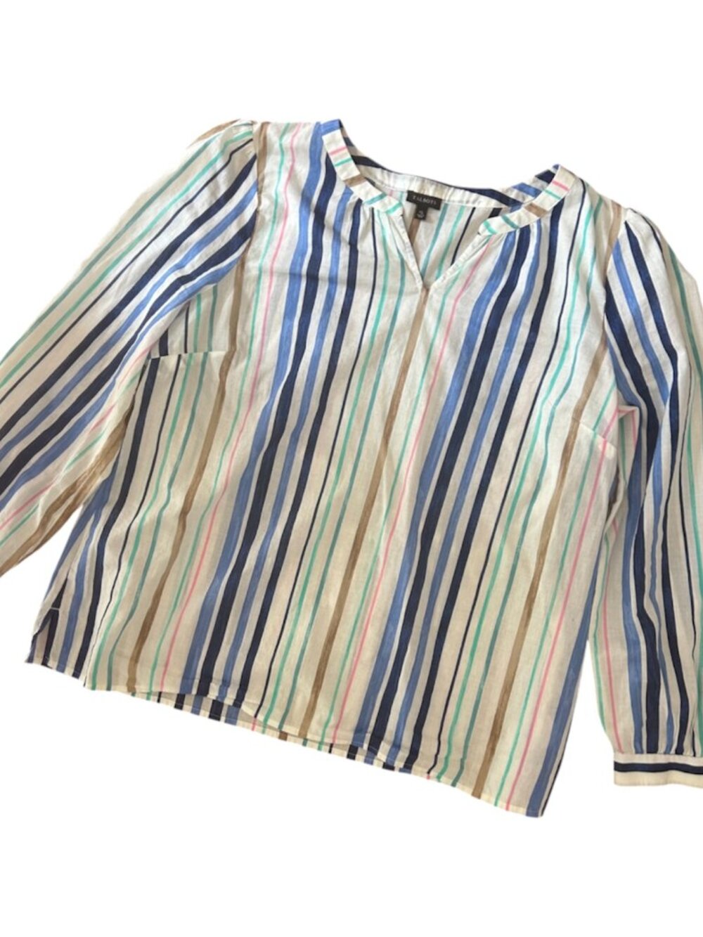 Talbots Multicolor Striped V Neck Peasant Top Tunic Size XL Lightweight Cotton